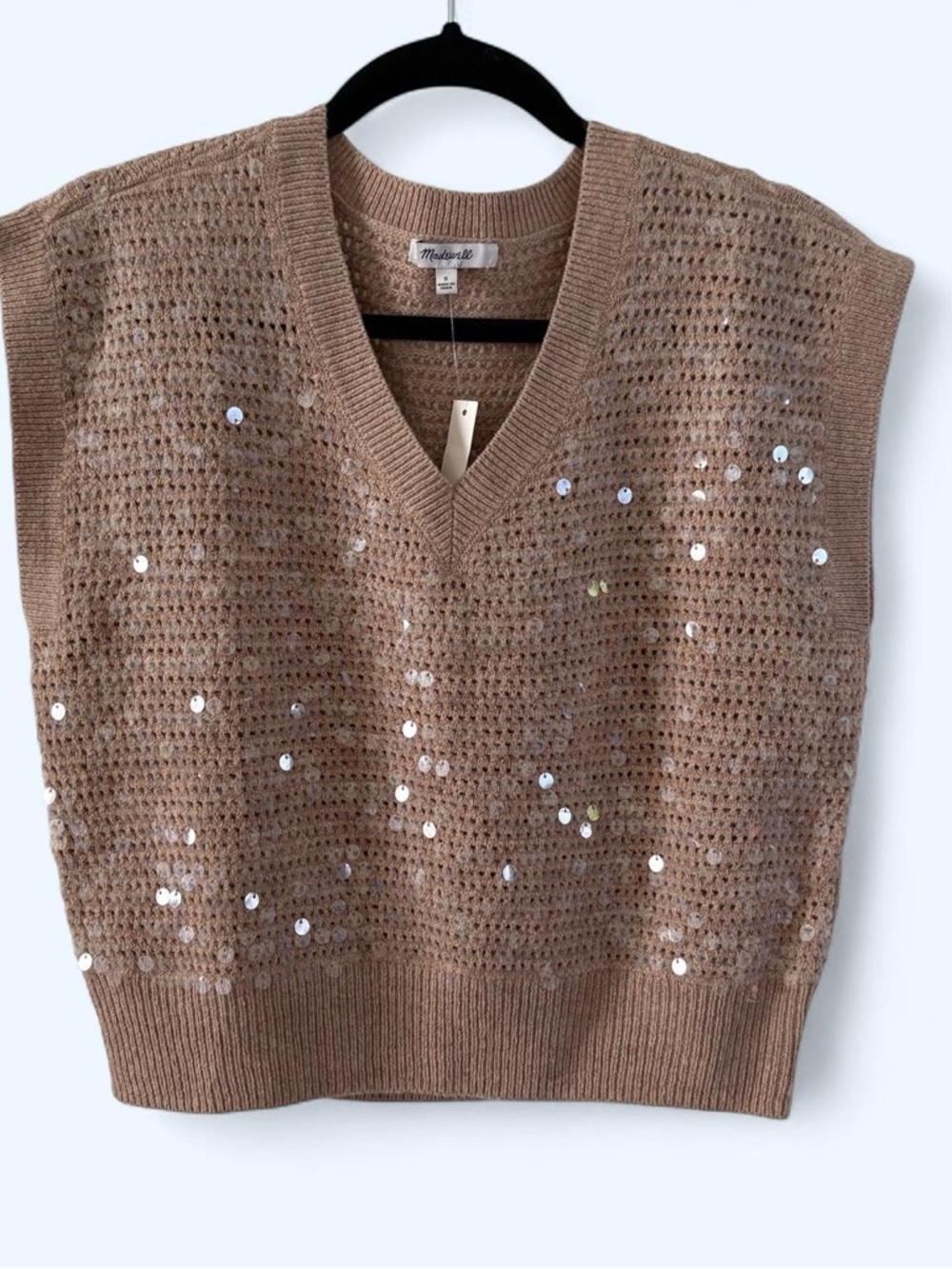 Madewell Sequin V-Neck Open-Knit Sweater Vest - Tan